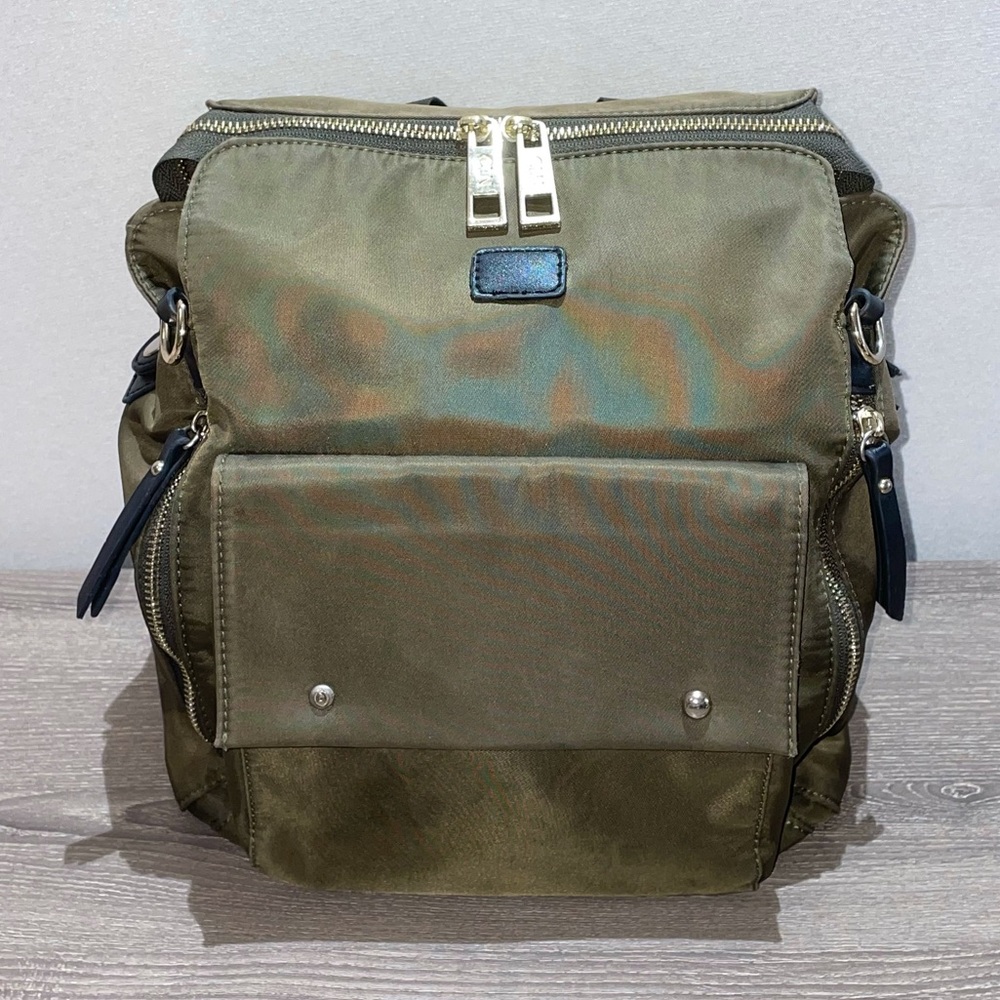 CLN Olive Green & Gold Tone Hardware Backpack Carry Bag 3 Front Pockets Dual Zip